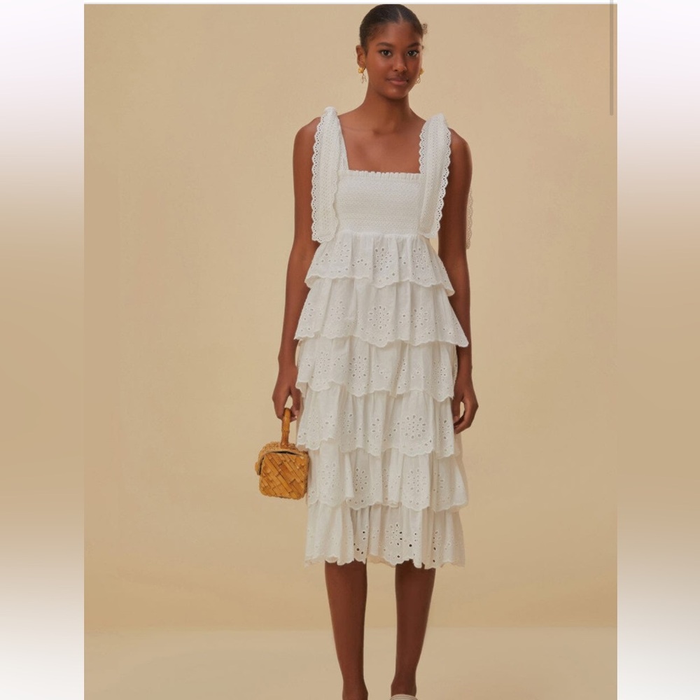 Farm Rio Off-White Embroidered Ruffle Midi Dress